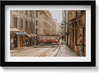 Produktbild von Blick auf Lissabon und Straßenbahn– Wandbild mit Rahmen – Gerahmtes Bild  – Wanddekoration – 30x20 cm –  Schwarz Rahmen