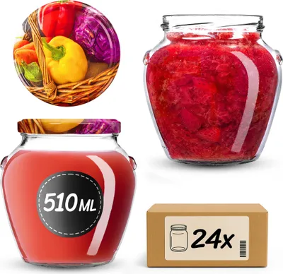 Productafbeelding van KADAX Inmaakpotten, 510 ml, met schroefdeksel, diameter 82 mm. Inmaakpotten met deksel, geschikt voor het inmaken van honing, fruit en groenten. Inmaakpotten (Vege, 24 stuks)