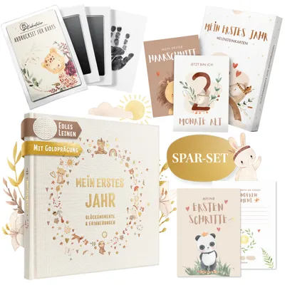 Produktbild von EULENTALER® Babyalbum mein erstes Jahr Set mit Leinen & Goldprägung I 3er Set : Babytagebuch erstes Jahr, 48 Meilensteinkarten & Baby Abdruck Set