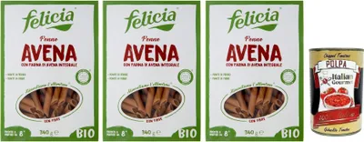 Produktbild von 3x Felicia Penne Avena,Pasta con Farina di Avena integrale,Nudeln mit Vollkorn-Haferflocken,Bio und Natürlich Glutenfrei,Packung mit 340g + Italian Gourmet Polpa di Pomodoro 400g Dose