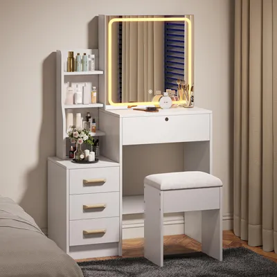 Produktbild von UnboxG Schminktisch Weiß mit LED-Schminkspiegel und Hocker, Kosmetiktisch mit 4 Schubladen und offenen Ablagefächern, Frisiertisch für Schlafzimmer und Ankleidezimmer