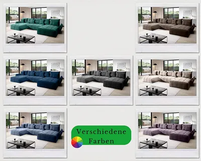 Produktbild von Vigo Velvet Monolith Ecksofa in U-Form 382 cm x 190 cm - Schlafsofa mit Bettkasten - Couch mit Stauraum und Kissen - Sofa mit Schlaffunktion - Ausziehbares Schlafsofa - Farbe: Creme (M-04)