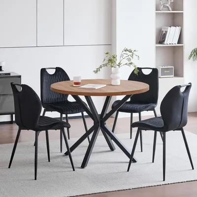 Immagine prodotto di Tavolo e set di sedie da pranzo, composto da 5 pezzi: tavolo rotondo in MDF di 100 cm di diametro, 4 sedie imbottite in velluto "Dutch Velvet", con schienale alto, finitura in legno scuro e dettagli neri