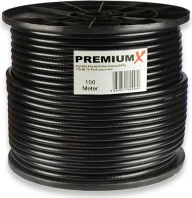 Produktbild von PremiumX DELUXE PRO 100m Koaxial Kabel SCHWARZ 135 dB 5-Fach geschirmt reines Kupfer SAT Antennenkabel 100 m