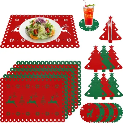 Produktbild von 18 Stück Filz Weihnachten Platzsets, 6 Set Weihnachten Tischsets, Weihnachten Tischsets mit Untersetzer, Weihnachtsbaum Besteckhalter, für Weihnachtsfeier Winterurlaub Heimtisch Abendessen Dekoration