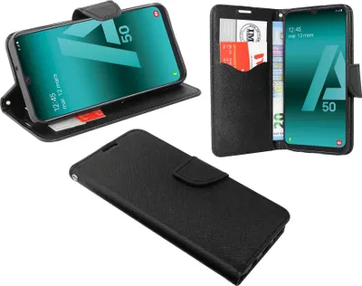 Produktbild von cofi1453® Buch Tasche "Fancy" kompatibel mit SAMSUNG GALAXY A50 (A505F) Handy Hülle Etui Brieftasche Schutzhülle mit Standfunktion, Kartenfach Schwarz