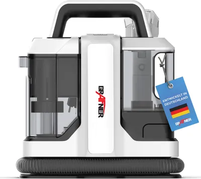 A white and gray portable carpet cleaner with a black handle and a blue tag attached.