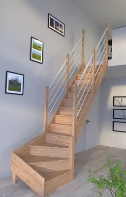 Zdjęcie produktu dla Schody drewniane Rhodos w ¼ spiralne prawe - dąb - drewno - balustrada ze stali nierdzewnej białe - z podstopnicami po obu stronach