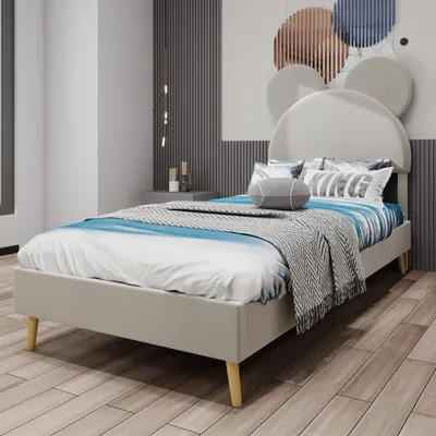 Productafbeelding van Sweiko Modern minimalist bed met gestoffeerde bekleding en een comfortabel hoofdeinde met een speels, cartoon-thema, 90x200 cm, beige. Multifunctioneel slaapkamer meubel, met een laag, stevig frame (zonder opbergruimte/zonder gaslift). Matras niet inbegrepen.
