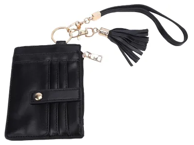 Produktbild von Kleine Handgelenktasche für Damen, Geldbörse aus Kunstleder mit Kreditkartenfach, Schlüsselanhänger und Quaste
