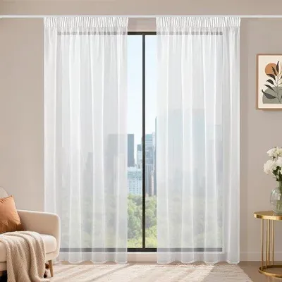 Productafbeelding van Set van 2 witte transparante voile schuifgordijnen met plooiband 220 x 140 cm voor woonkamer en slaapkamer, lichtdoorlatend gordijn