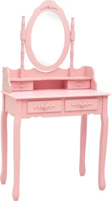A pink vanity table with a mirror and drawers, set against a white background.