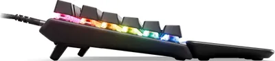 Side view of a black mechanical keyboard with RGB lighting.