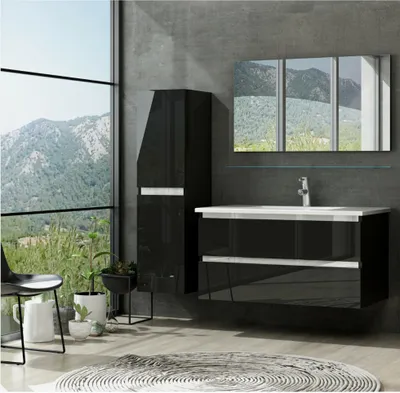 Produktbild von Badmöbel-Set 90 cm Badmöbel set Hochglanz Schwarz badmöbel set 4 Teilig