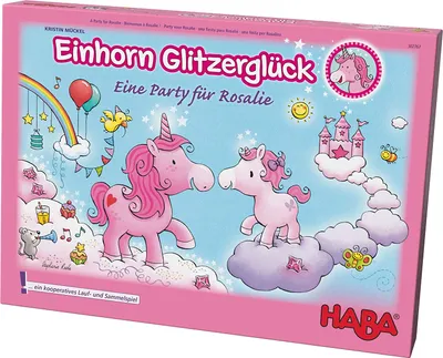 The image shows the packaging of a board game for children, featuring unicorns and a party theme.