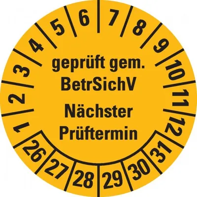 Produktbild von Dreifke® Prüfplakette BetrSichV nächster Prüftermin, 26-31, gelb, Dokufolie, ...
