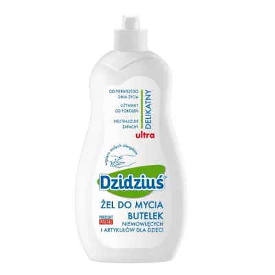 A white bottle of baby bottle cleaning gel against a white background.