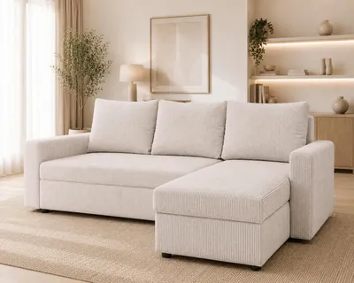 Produktbild von CODY Ecksofa mit Schlaffunktion 220 cm Schlafsofa Vanille Cordstoff Bettkasten Bonellfederung