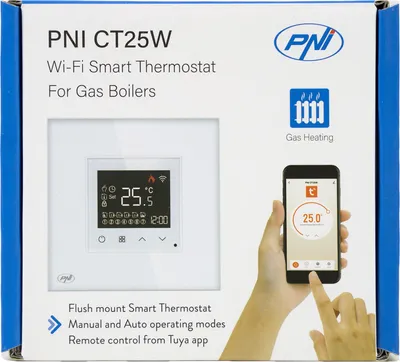 Obrázok produktu pre Inteligentný termostat PNI CT25W WiFi pre plynové kotly, montáž do steny, 16 A, ovládanie prostredníctvom aplikácie Tuya Smart