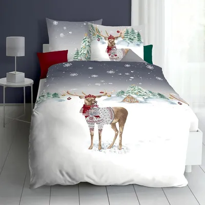 Produktbild von Traumschlaf Biber Bettwäsche Weihnachtshirsch grau 160x210 cm + 65x100 cm