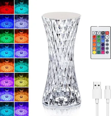 Produktbild von Crystal Diamond Tischlampe, 16 Farben USB-Lade-Touch-Lampe Nachttischlampe mit Fernbedienung, LED-Schreibtischleuchten mit Acrylstrahlen