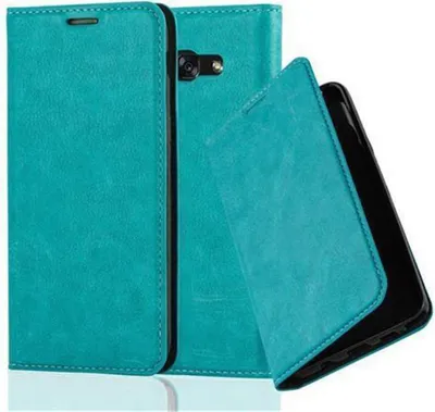 A teal flip case for a smartphone is shown, with the phone partially inserted.