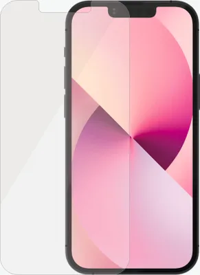 A screen protector is shown placed over an iPhone 13 Mini.