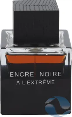 A close-up studio shot of a Lalique Encre Noire A L'Extreme Eau de Parfum bottle.
