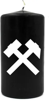 Produktbild von Schwarze Kerze oder Dekokerze mit Schlägel und Eisen, Ruhrpott, schwarz-weiß, 15cm hoch, 8cm Durchmesser, Spruch- und Gedenkkerze