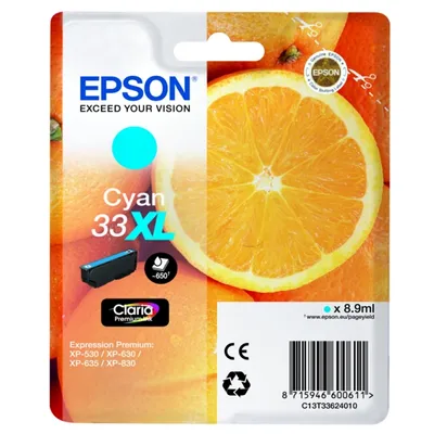 Produktbild von Epson Oranges Singlepack Cyan 33XL Claria Premium Ink, Hohe (XL-) Ausbeute, Cyan, 8,9 ml, 1 Stück(e), 650 Seiten