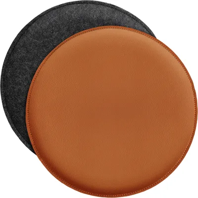 Two round seat cushions, one made of brown faux leather and the other of gray felt, are shown overlapping on a white background.