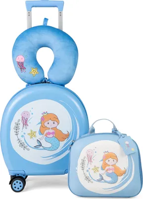 Produktbild von DREAMADE 4-teiliges Kinderreisegepäck-Set mit Rollen, Kinder-Koffer-Set mit 35,5 cm Koffer, 25 cm Rucksack, Nackenstütze & Namensschild, blau