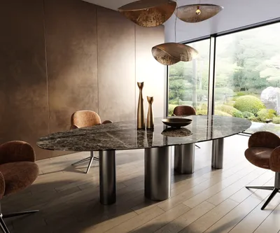 Produktbild von DELIFE Esstisch Edge Oval 315x150 Keramik Emperador Extra Lucidato Dunkelbraun Pilier Edelstahl Graphit