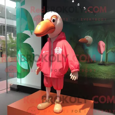 Produktbild von Peach REDBROKOLY Flamingo Maskottchen Kostüm Charakter bekleidet mit einer Windjacke und Ohrringen