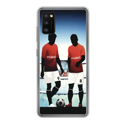Produktbild von MuchoWow® Handyhülle Schutzhülle Hülle für Samsung Galaxy A41 Eine Illustration von zwei Fußballspielern in einem Stadion - Jungen - Mädchen - Kinder Silikon Softcase Handy Hülle - Mobiltelefon