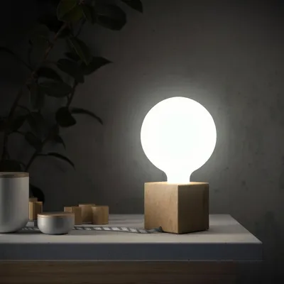 Image de Posaluce Cubetto, lampe de table en bois naturel avec câble textile, interrupteur et fiche à 2 pôles