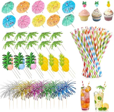 Imagen del producto de Decoración para cócteles: 140 piezas para fiestas. Accesorios para cócteles con sombrillas, decoración de verano, accesorios para bares, pajitas decorativas hawaianas