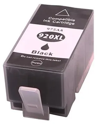 A black ink cartridge with a white label is shown against a white background.