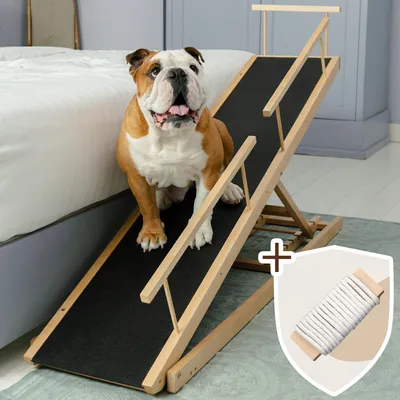 Produktbild von Hunderampe Bett PRIORPET aus Birkenholz mit Sicherheitsgeländer - Höhenverstellbare hundetreppe für Betten bis zu 94.5cm - Klappbar - Anti-Rutsch-Griff - Für kleine Hunde bis zu 23kg - Naturel