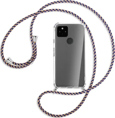 Produktbild von Handykette Backcover-Schutzhülle mit Band (Metall silberfarben) für Google Pixel 5a 5G  - blau+beige