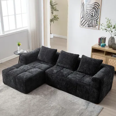Produktbild von L-Sofa 250x158x60cm aus Chenille in Schwarz, mit Chaiselongue und zwei Seitentaschen, moderne Polsterung für das Wohnzimmer