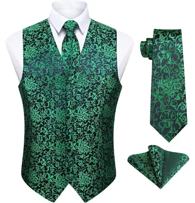 Immagine prodotto di Gilet da uomo con motivo Paisley, in tessuto jacquard, set con cravatta e fazzoletto da taschino, colore verde, taglia XL