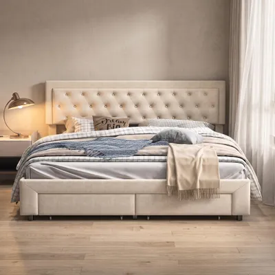 Immagine prodotto di Letto matrimoniale imbottito con box contenitore idraulico, 160 x 200 cm, con 2 cassetti, letto contenitore, letto imbottito per ragazzi, in velluto, color beige