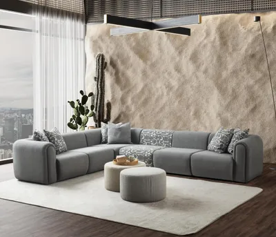 Produktbild von Graues Wohnzimmer Set s Ecksofa Designer Hocker Edle Möbel
