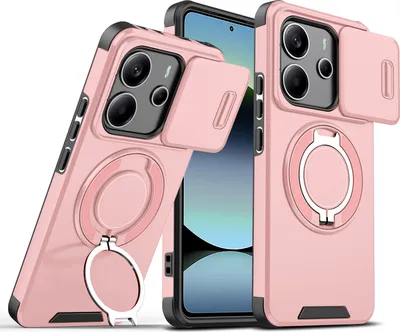 Obrázek produktu pro Dvouvrstvé pouzdro pro Xiaomi Redmi Note 14 4G, s posuvným krytem fotoaparátu a magnetickým kroužkovým stojánkem Růžový