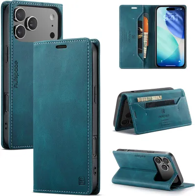 Image de Étui pour iPhone 18 Pro, coque en cuirPolyuréthanerétro, avec support et protection, couleur bleu