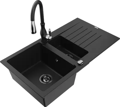 Produktbild von Mexen Matias 1,5-Becken-Granitspüle mit Abtropffläche und Mischbatterie Savita, Schwarz - 6502-77-672601-70-B