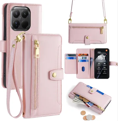 Produktbild von Handykette für Xiaomi 15T Pro Hülle mit Band Handyhülle Kartenfächer Kunstleder Umhängetasche in Rosa