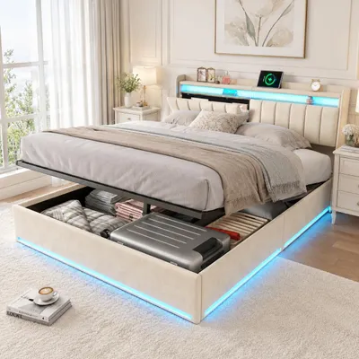 Immagine prodotto di Letto idraulico INONEFT, 160 x 200 cm, letto imbottito con USB e LED, letto per ragazzi, letto matrimoniale con spazio contenitore e rete a doghe, letto per adulti, in velluto, color beige