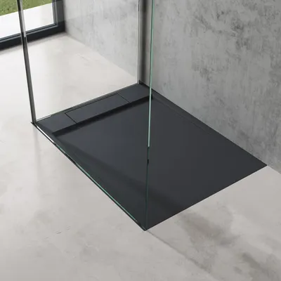 Produktbild von doporro Duschtasse Duschwanne 75x100x4 flach Mineralguss in Anthrazit inkl. Ablaufgarnitur AL06 DIN-Anschlüsse für bodenebene Montage geeignet Geoma04